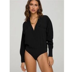 GOOD AMERICAN Black V Neck Long Sleeve Surplice Wrap Bodysuit Size 4 L/XL
